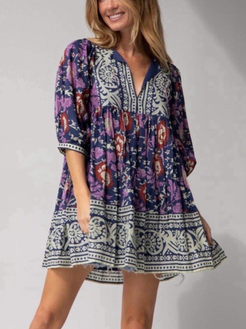 Natural Life Aimee Babydoll Short Dress Blockprint Purple Size Medium M